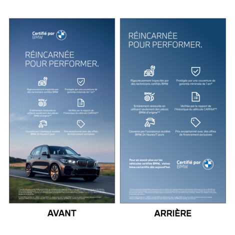 Affiche Deux Cotés Pour Salle D'exposition Série Certifiée BMW 24 po x 42 po