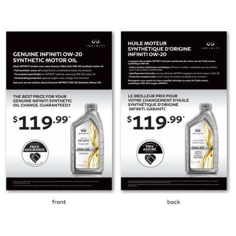 INFINITI Service Lane Tent Card - Synthetic Motor Oil, $119.99