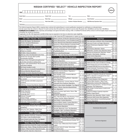 Nissan Certified “Select” Vehicle Inspection Report