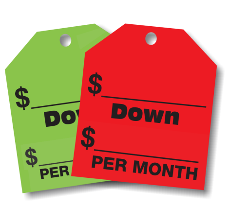 $ Down Per Month - Fluorescent Red or Green Rear-View Mirror Tags 