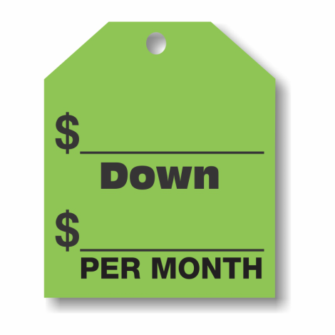 $ Down Per Month - Fluorescent Green Rear-View Mirror Tags 