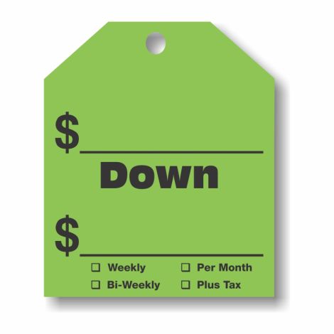 $ Down - Fluorescent Green Rear-View Mirror Tags 